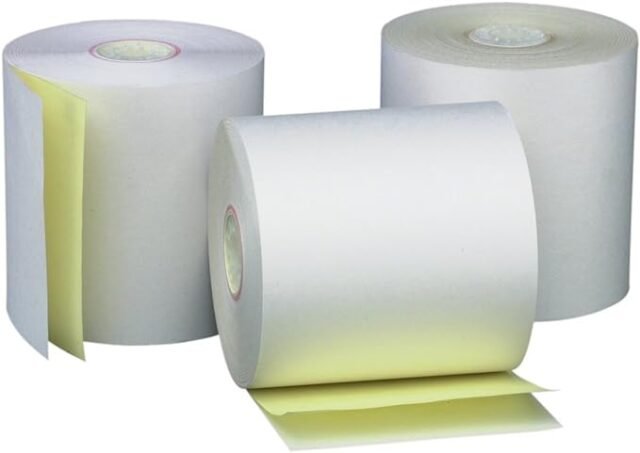 Item #SC202 - 3" x 90' 2-Ply Carbonless Paper Rolls - White/Canary (50 Rolls)